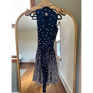 New Anne Klein Womens Navy/White Polka Dot Faux‑Wrap Pleated Fit Flare Dress